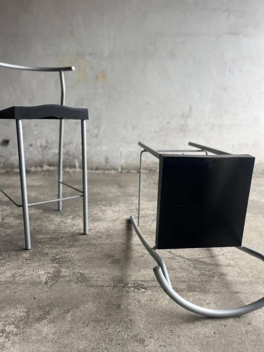 Philippe Starck vintage high bar stool — black plastic seat, silver metal frame