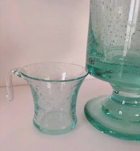 Service en verre soufflé bullé vert d'eau – Coupe sur pied, 5 tasses et louche