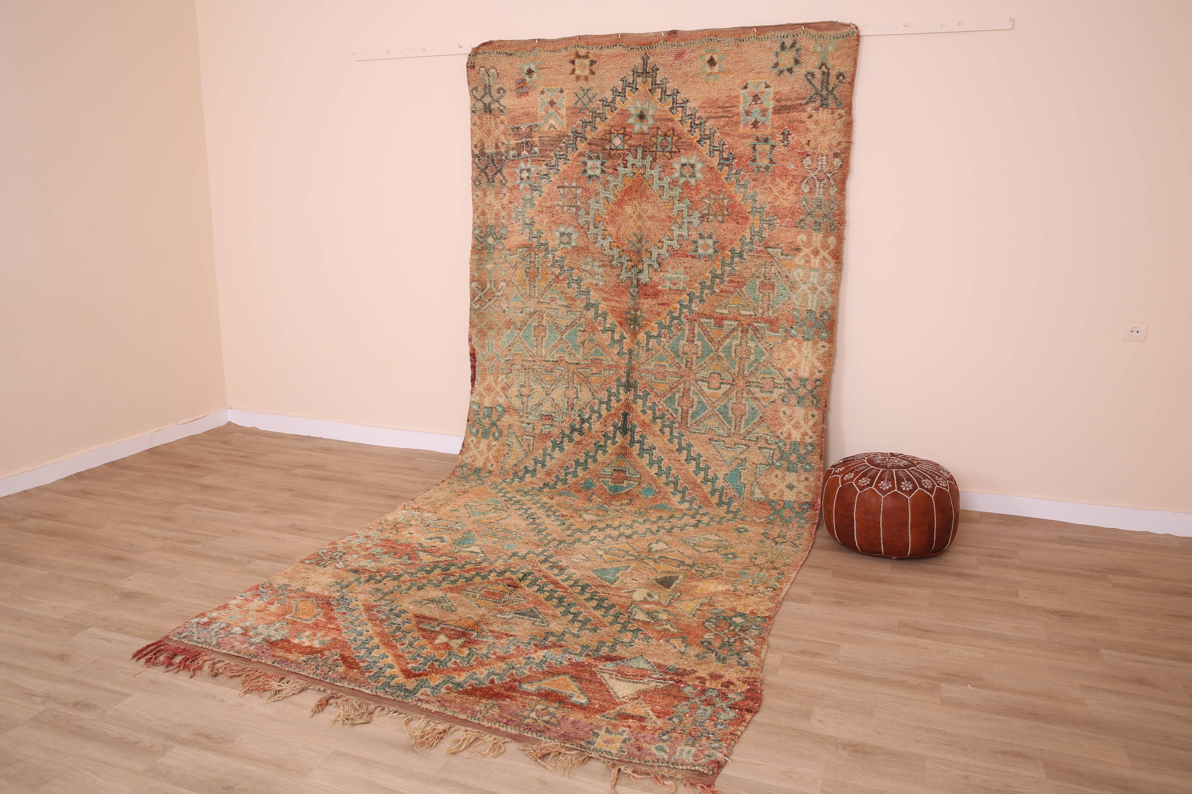 Peach Vintage Moroccan Rug 173 x 383 cm, Berber Wool Rug, Handmade Boho Rug