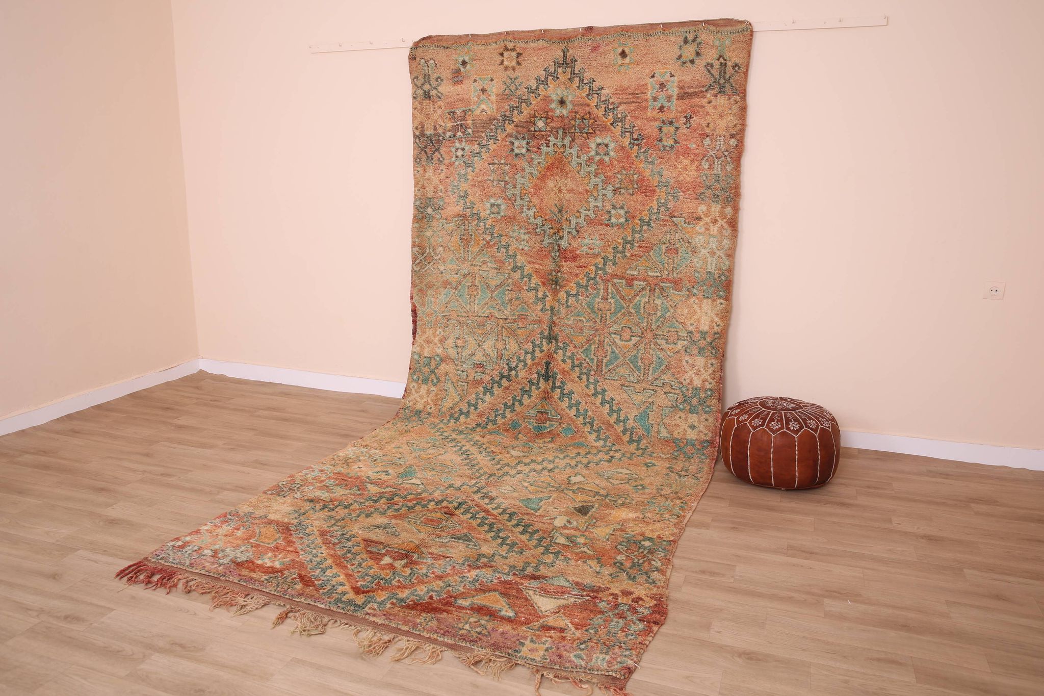 Peach Vintage Moroccan Rug 173 x 383 cm, Berber Wool Rug, Handmade Boho Rug