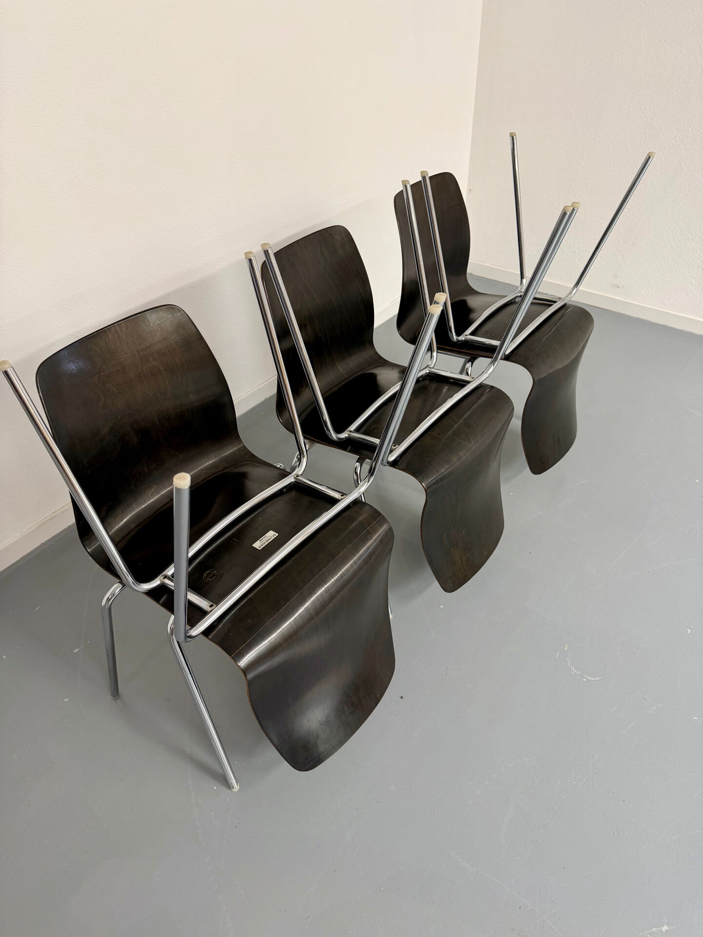 Set of 6 wooden and chrome chairs, Pagholz design from the 80s, vintage Pagwood.