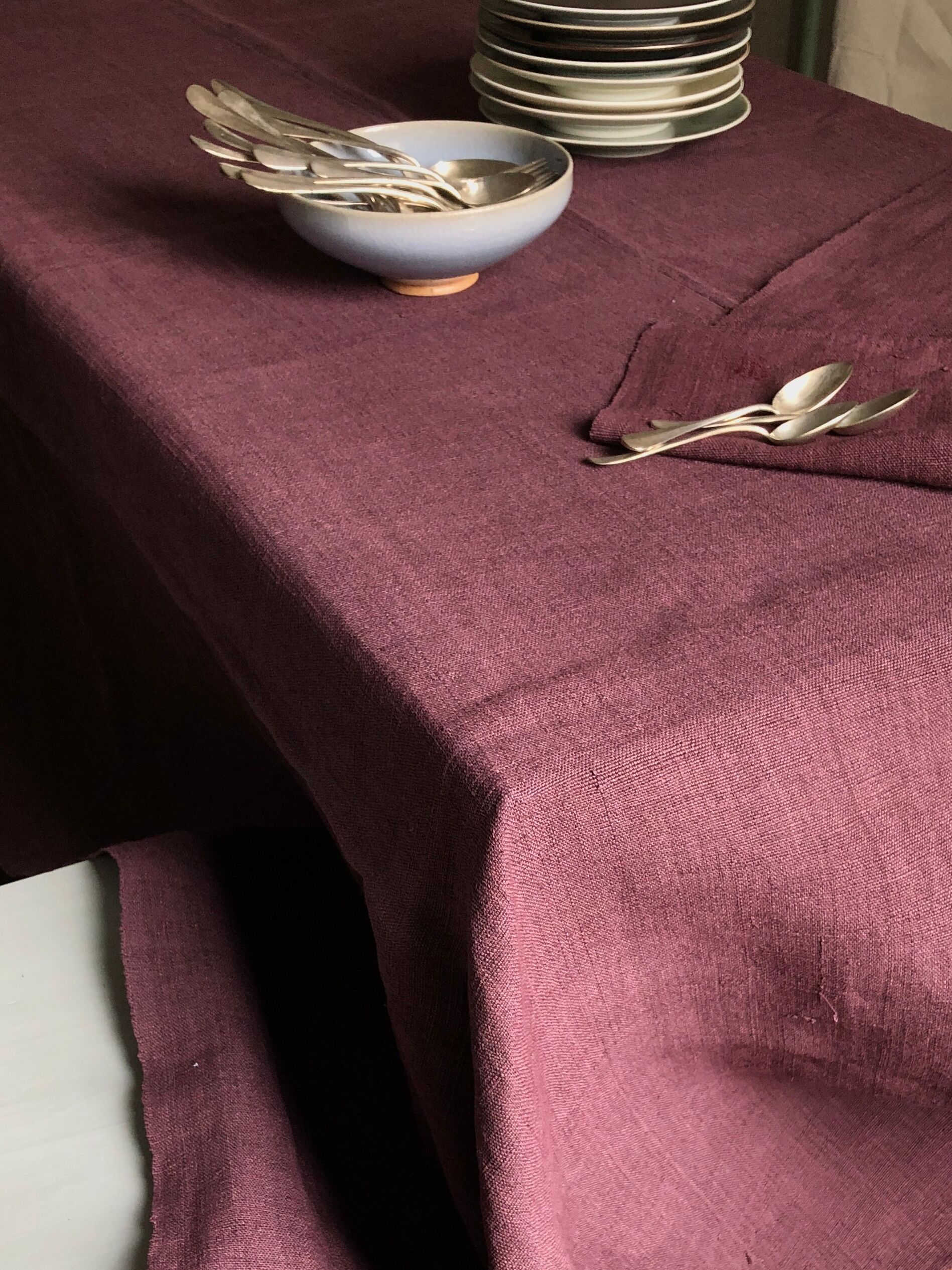 Old harvest tablecloth in pure hemp tinted with eggplant