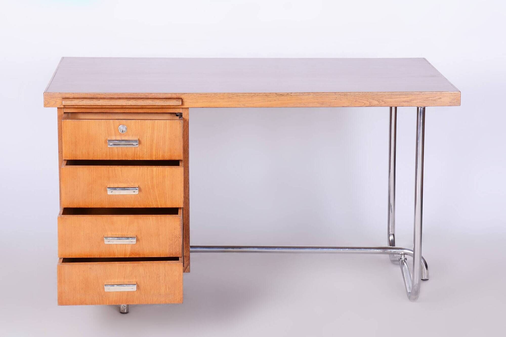 Restored Bauhaus Oak Writing Desk, Hynek Gottwald, Chrome, Czechia, 1930s