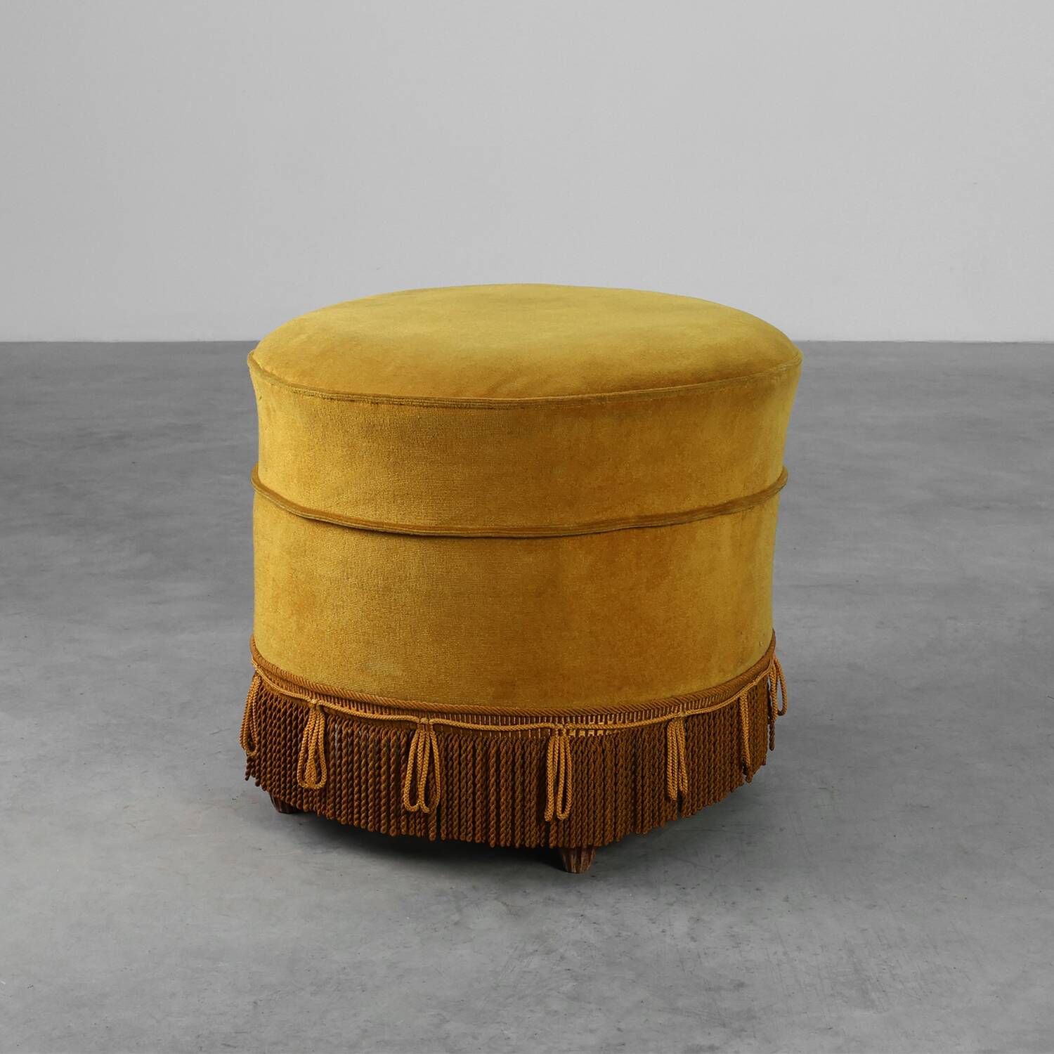 Mid‑Century Mustard‑Yellow Ottoman in Wood and Velvet, France 1950s