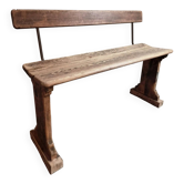 Antique French pine bench with backrest, early 1900s, rustic church or school bench, farmhouse seat 100 cm wide
