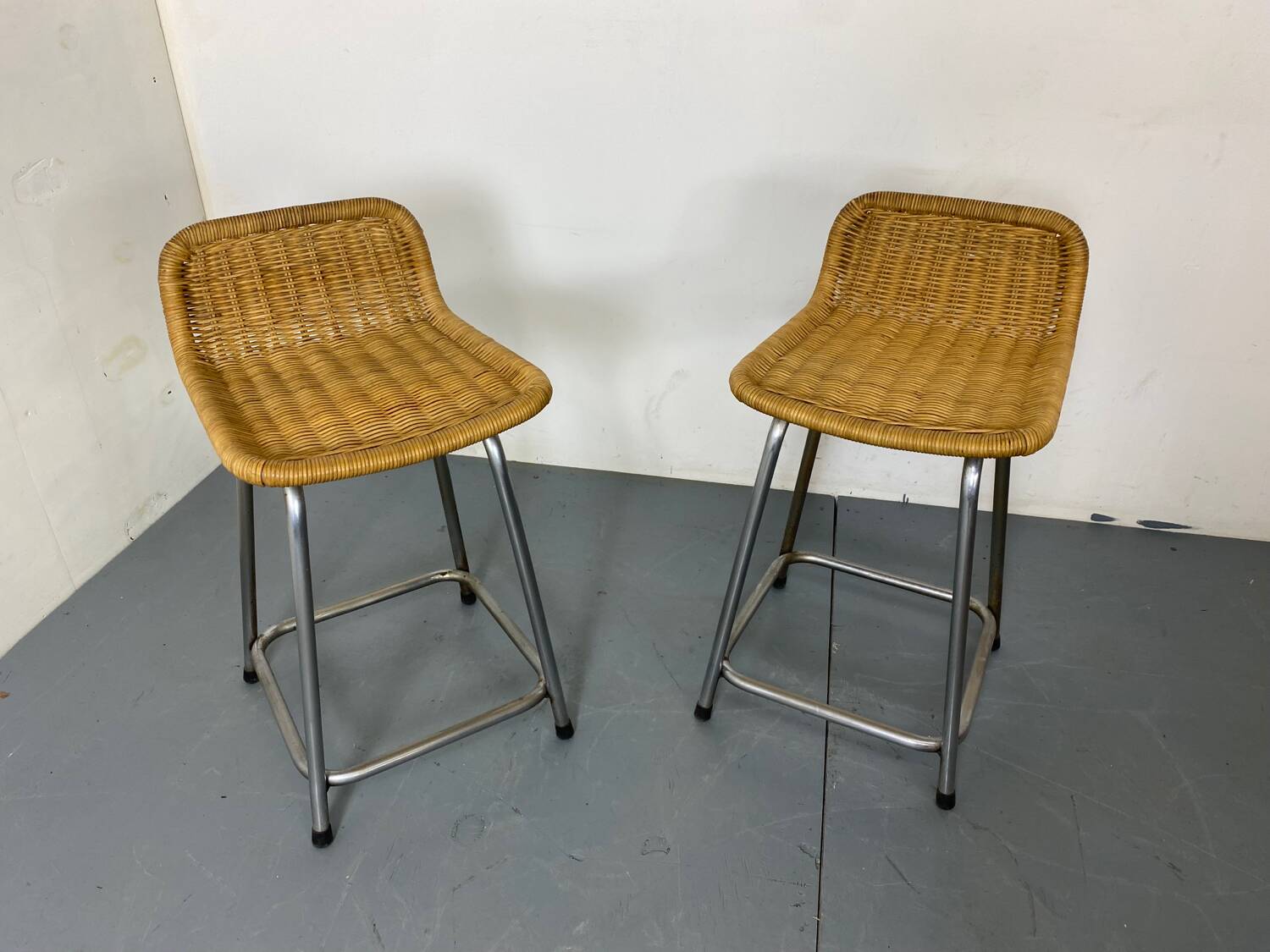 Tabourets Vintage en Acier et Rotin Dirk Van Sliedregt, 1960s, Set de 2