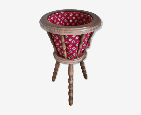 Ancienne travailleuse tripode en bois, panier de rangement tricot vintage