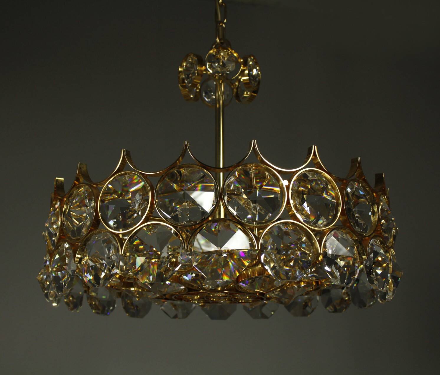1970s Palwa Chandelier, gold plate and faceted crystals