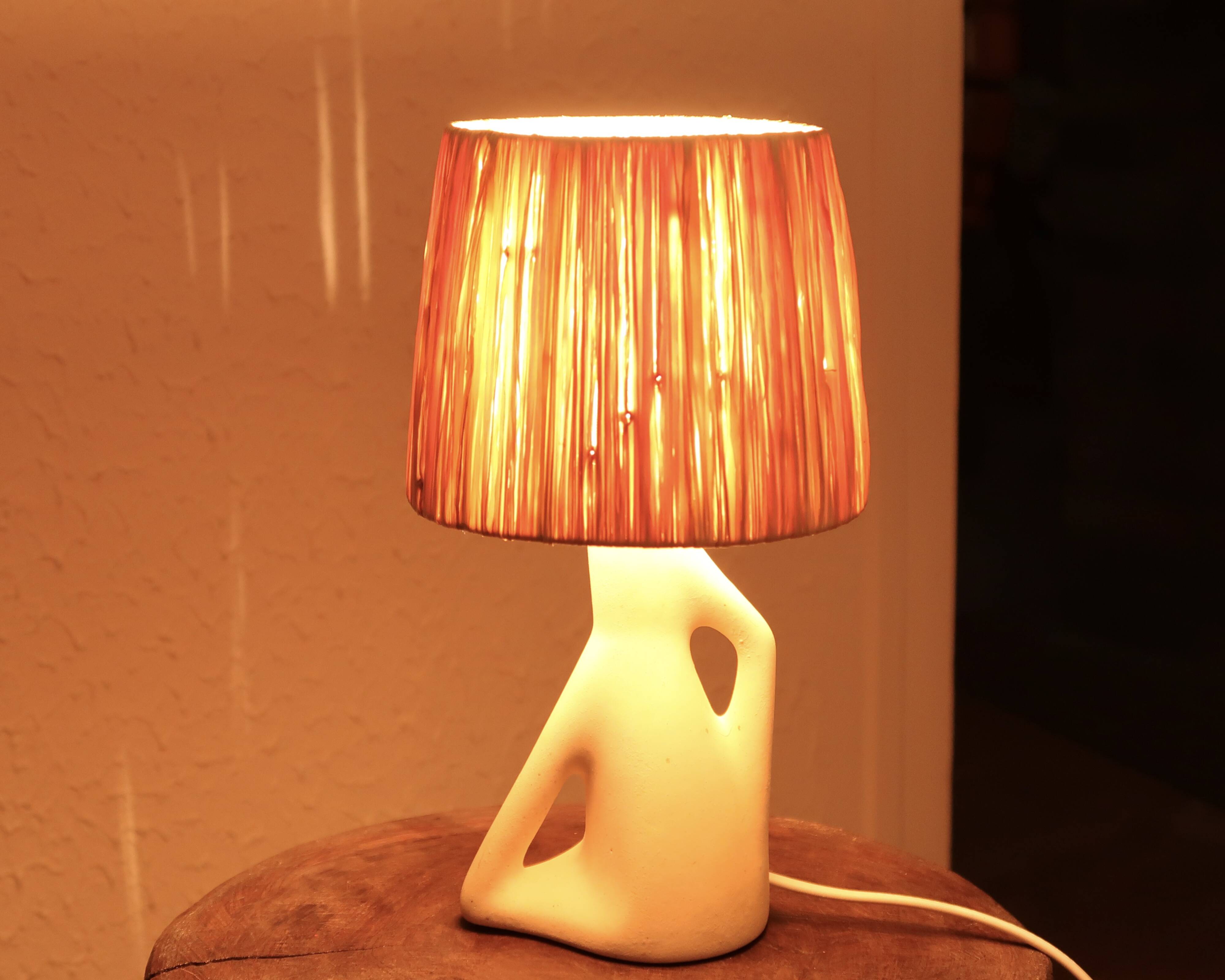 White ceramic lamp, raffia lampshade, 1950s