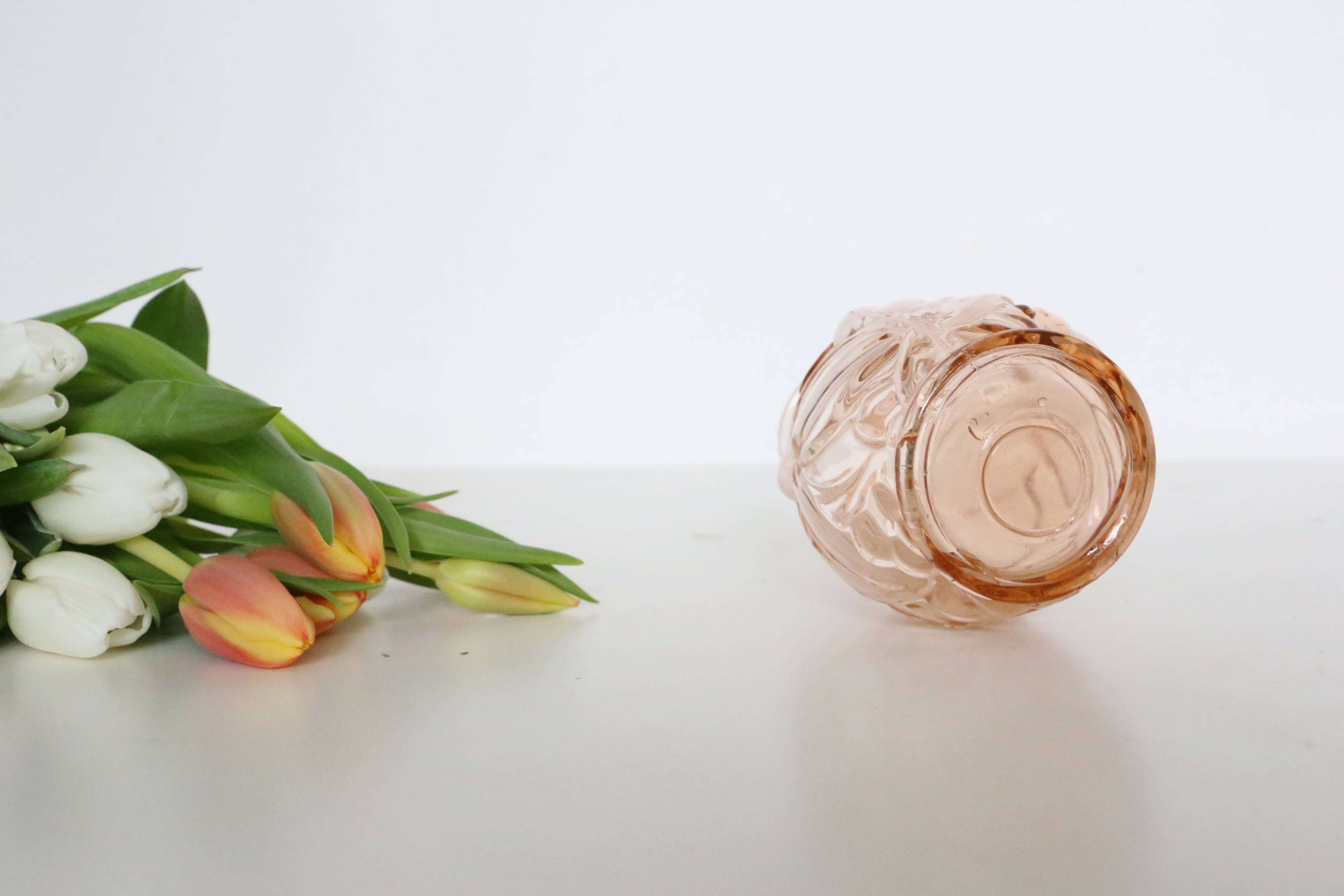 Old pink glass vase, molded glass, vintage French