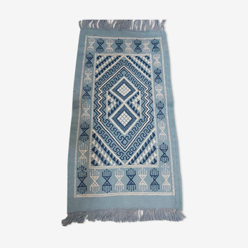 Tapis kilim bleu et blanc fait main traditionnel 50x100cm