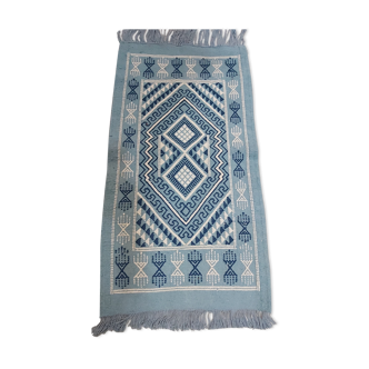 Tapis kilim bleu et blanc fait main traditionnel 50x100cm