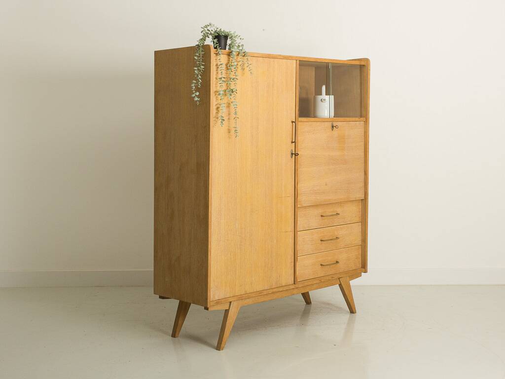 Oak desk cabinet with wardrobe space and fully pickled showcase, circa 60