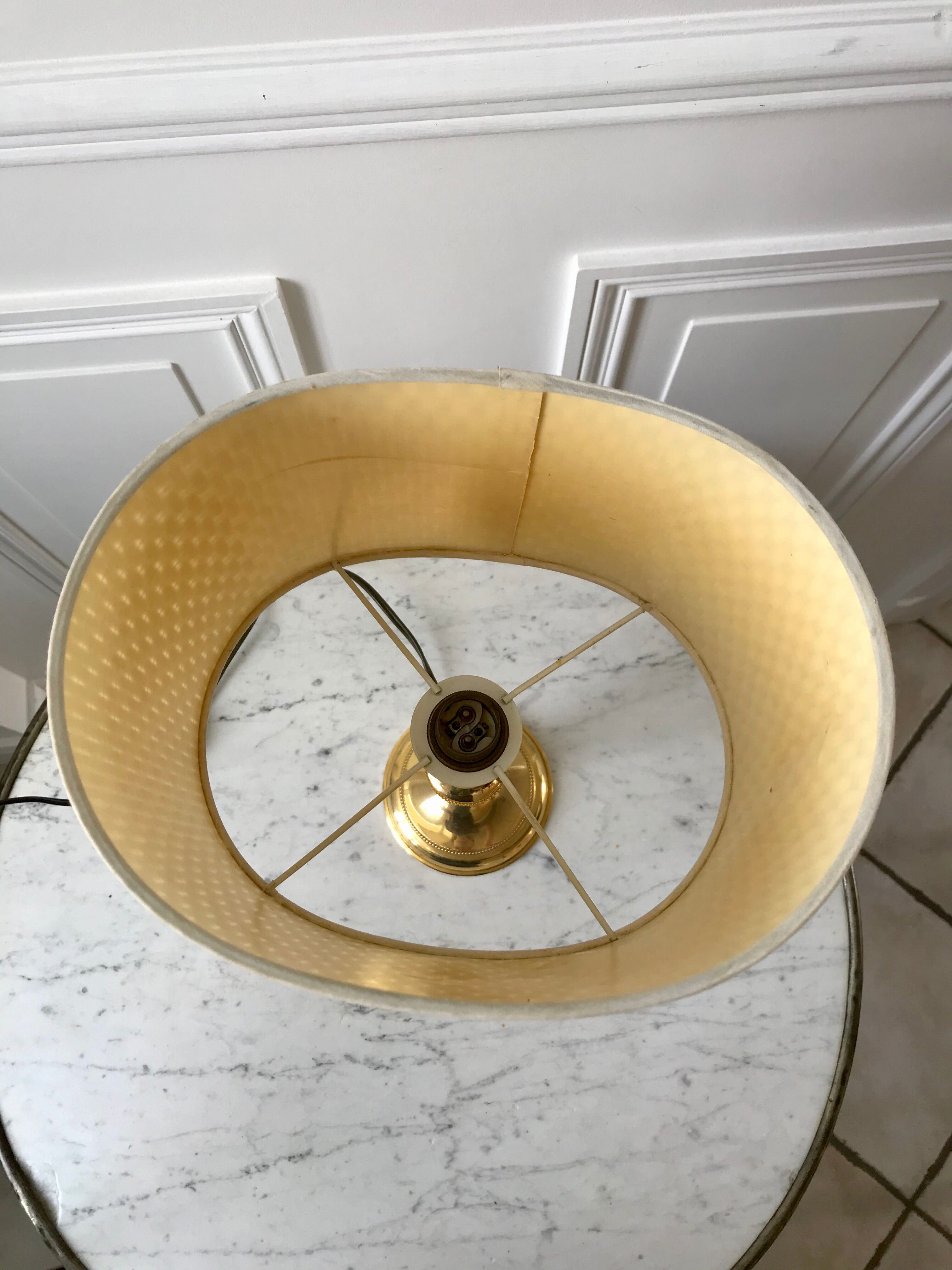 Brass and black metal lamp with woven lampshade woven 50s