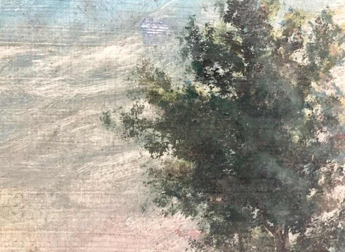 Mid 20th Century French Farmhouse Landscape Oil Painting on Board