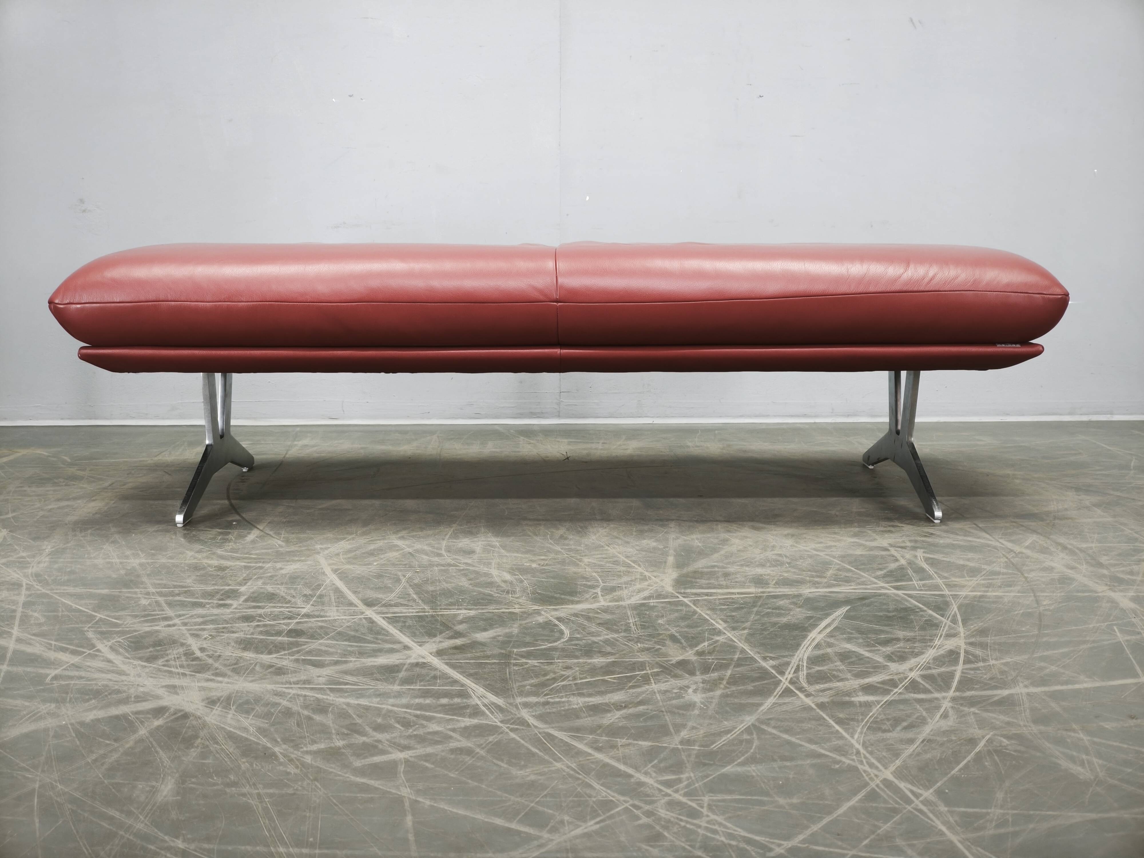 German Koinor Leather Bench with Brushed Stainless Steel Base 2020s
