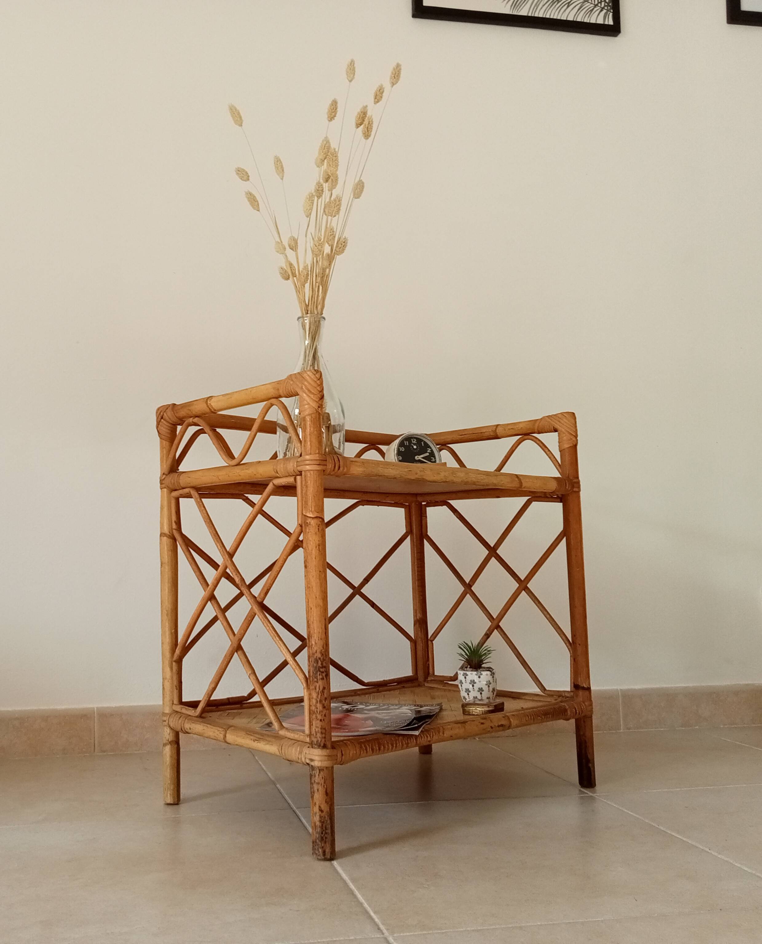 Bamboo and rattan shelf side table by Audoux and Minnet 1950s