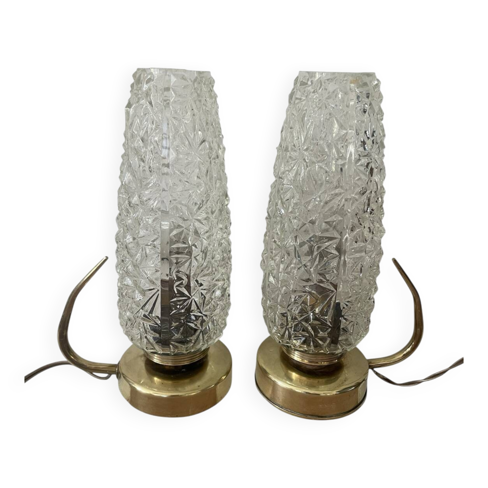 Pair of 1950s brass and glass bedside lamps