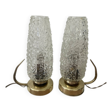 Paire de lampes de chevet laiton et verre années 50