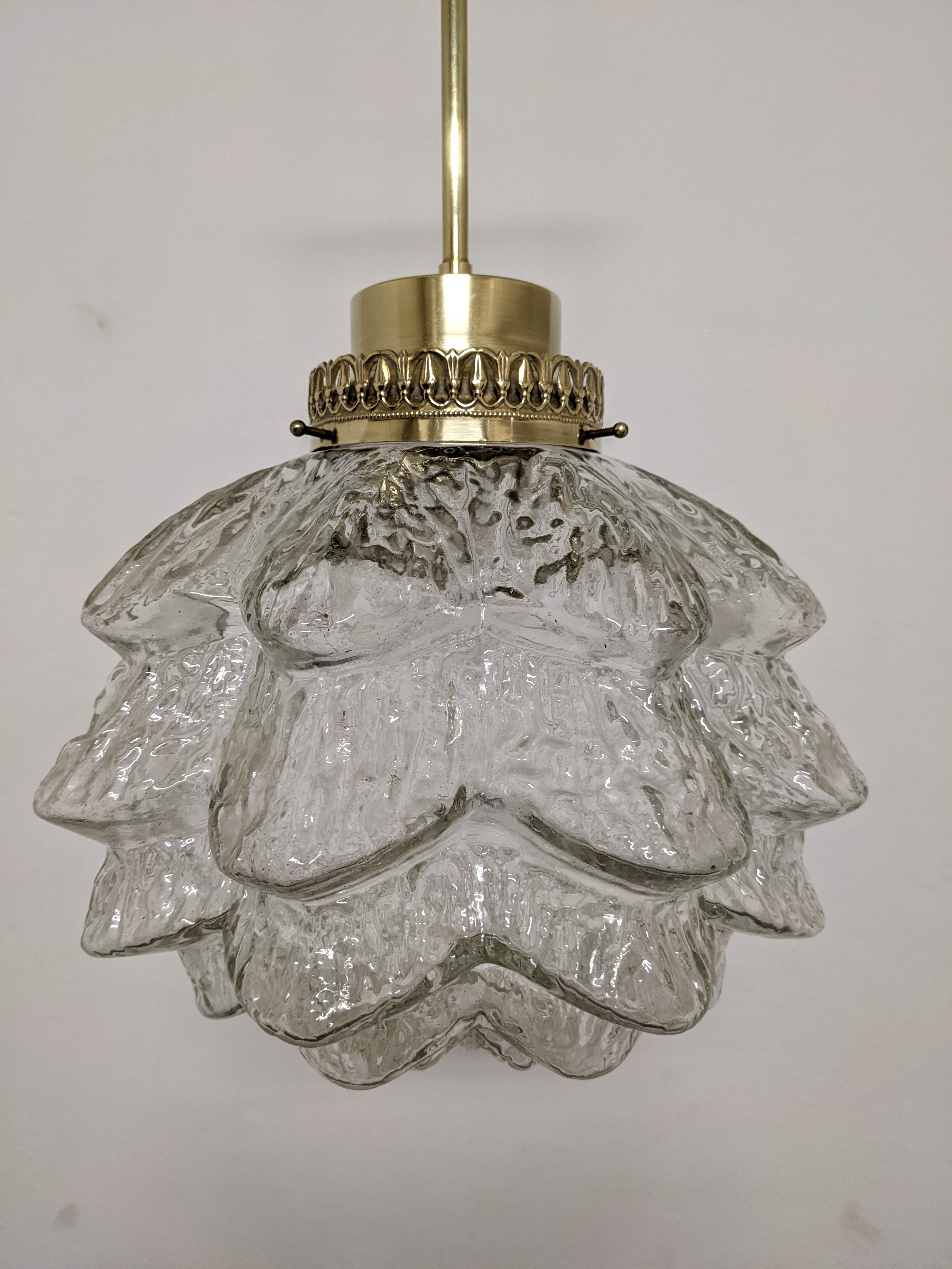 Glass and brass flower pendant lamp in art deco style