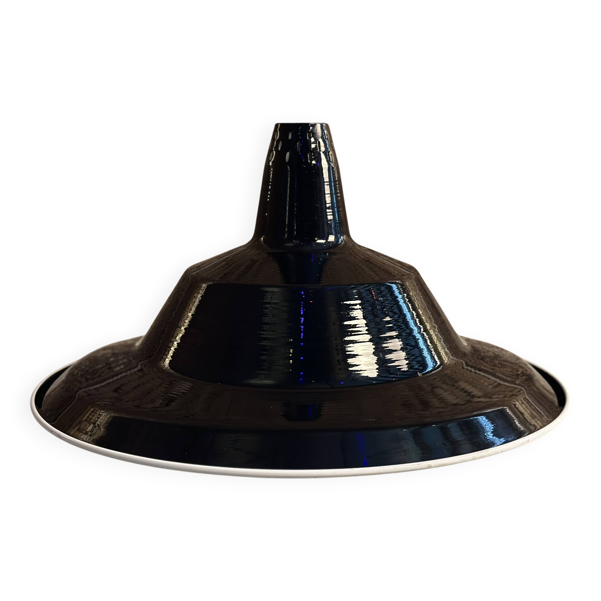 Large industrial pendant lampshade in black enamelled sheet metal.