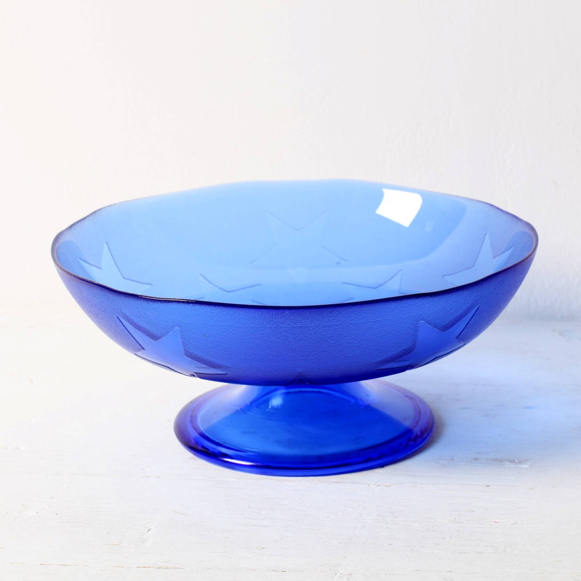 Blue Pressed Glass Pedestal Bowl with Stars Pattern / Italy / 2000s