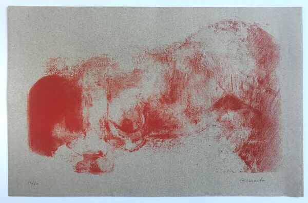 Lithographie originale sur papier ingres signée de Claude Garache, suite vermillon v, 1981