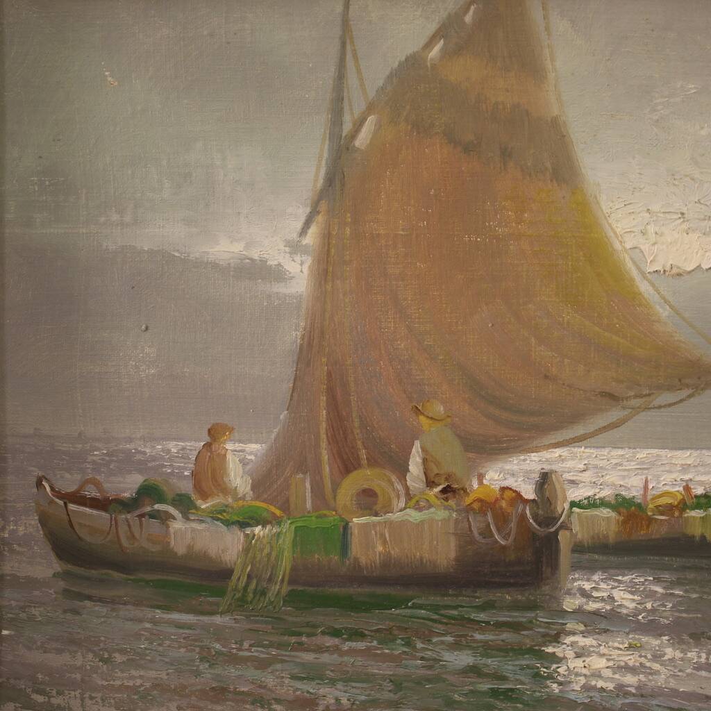 Seascape painting signed Remo Testa, fishermen at dawn