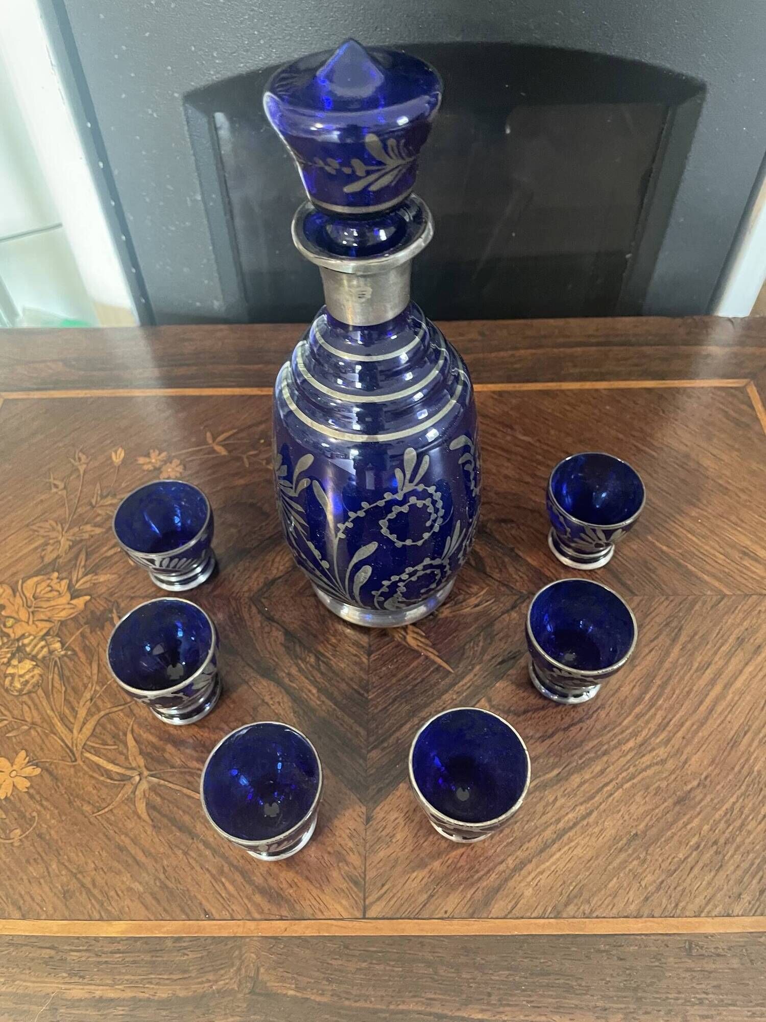 Antique Cobalt Blue Glass Liqueur Set with Applied Silver Decoration – 7