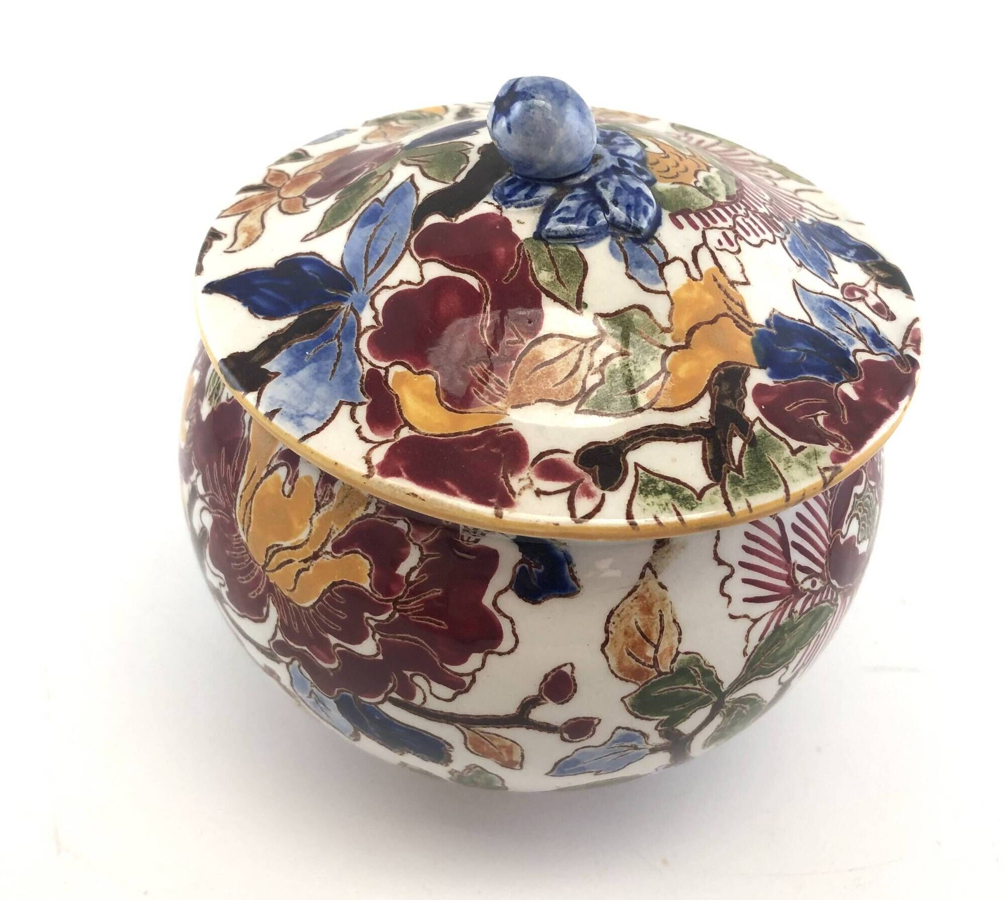 Old Sugar Bowl Candy Box Covered Earthenware Pot Gien Peonies