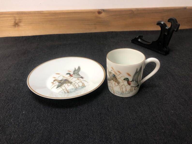 Porcelain de Paris Espresso Cup & Saucer Set: Bird Motif, Gilded, 1950s