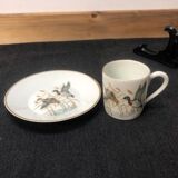 Porcelain de Paris Espresso Cup & Saucer Set: Bird Motif, Gilded, 1950s