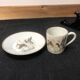 Porcelain de Paris Espresso Cup & Saucer Set: Bird Motif, Gilded, 1950s