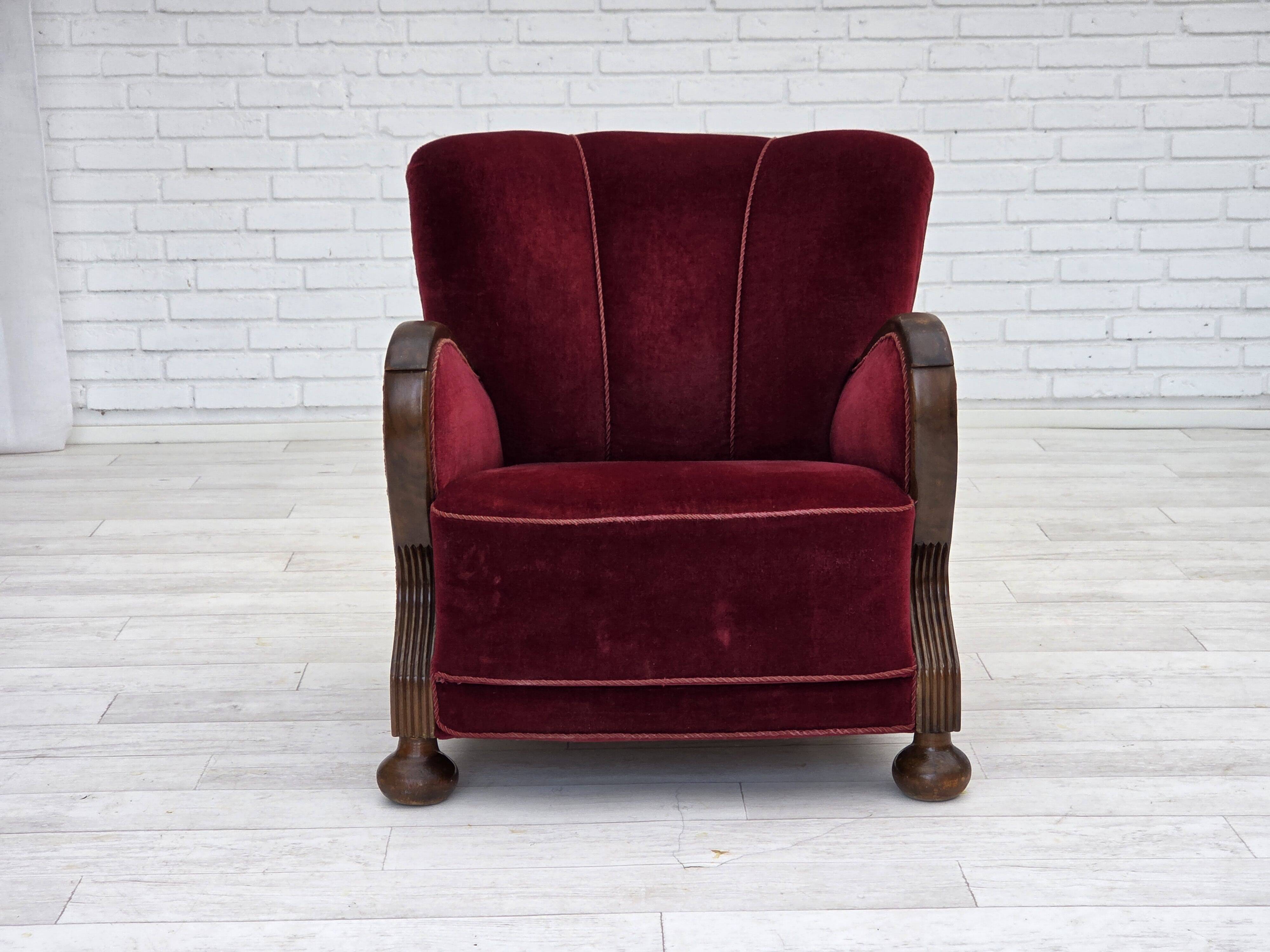 1950s, Danish relax armchair, cherry-red furniture velour, dark beech wood.