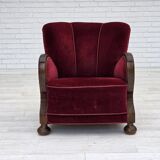 1950s, Danish relax armchair, cherry-red furniture velour, dark beech wood.