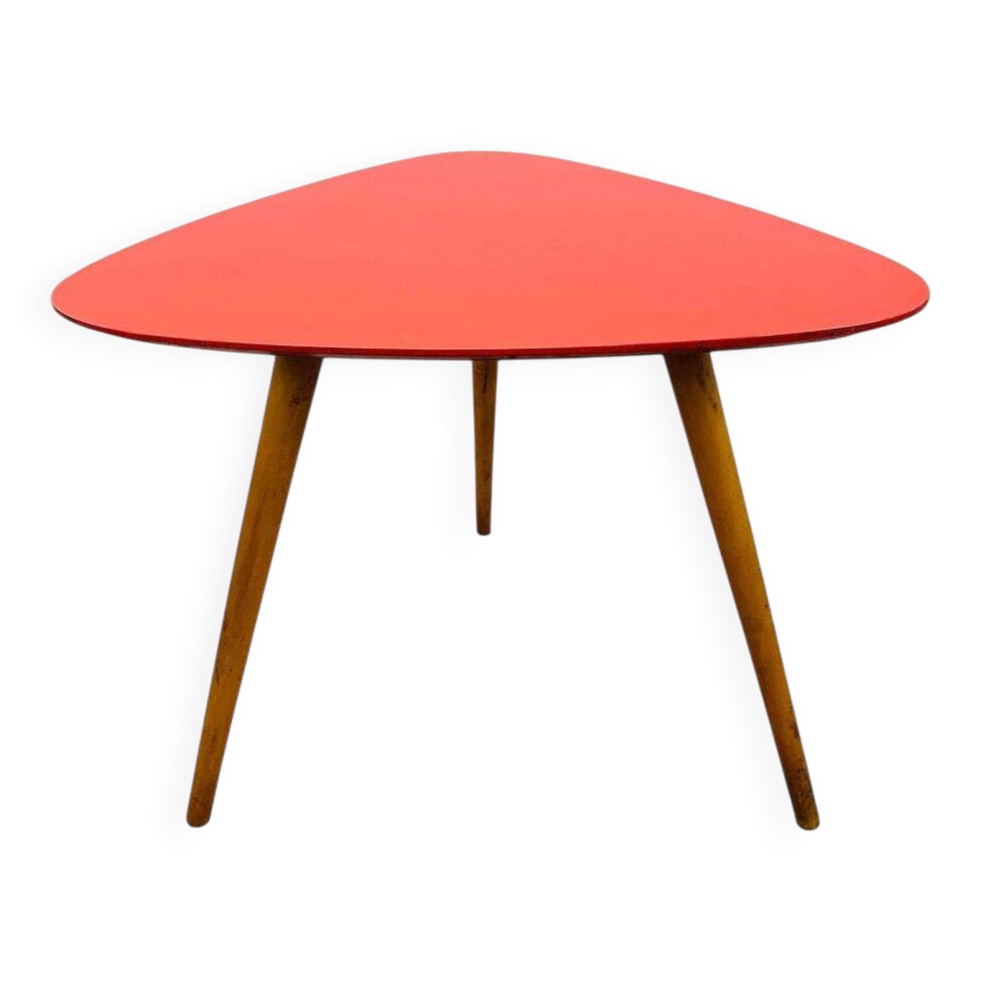 Steiner tripod side table by Baumann, wood, red top, 60s