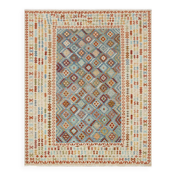Oversize Kilim Rug Blue Geometriic  Flatweave Carpet  Zig-zag Pattern