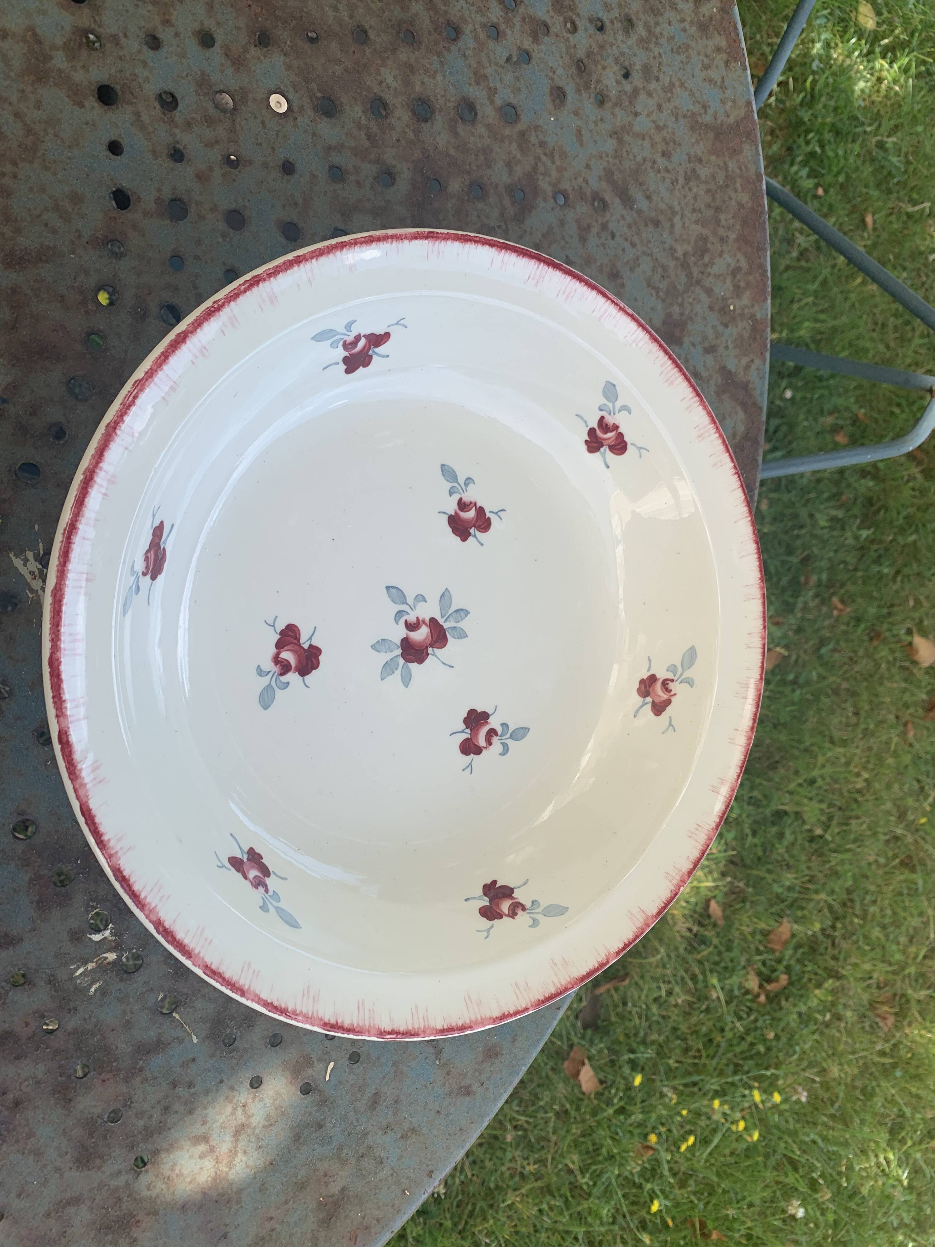 Hollow dish, Senlis model, KG luneville, France, burgundy rose patterns and gray foliage