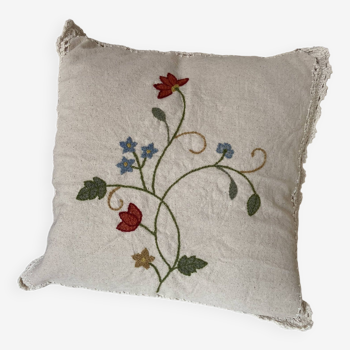 Linen Cushion Cover Embroidered with Flowers