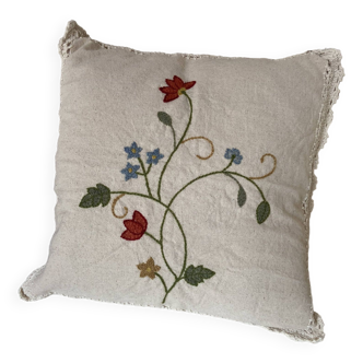 Linen Cushion Cover Embroidered with Flowers