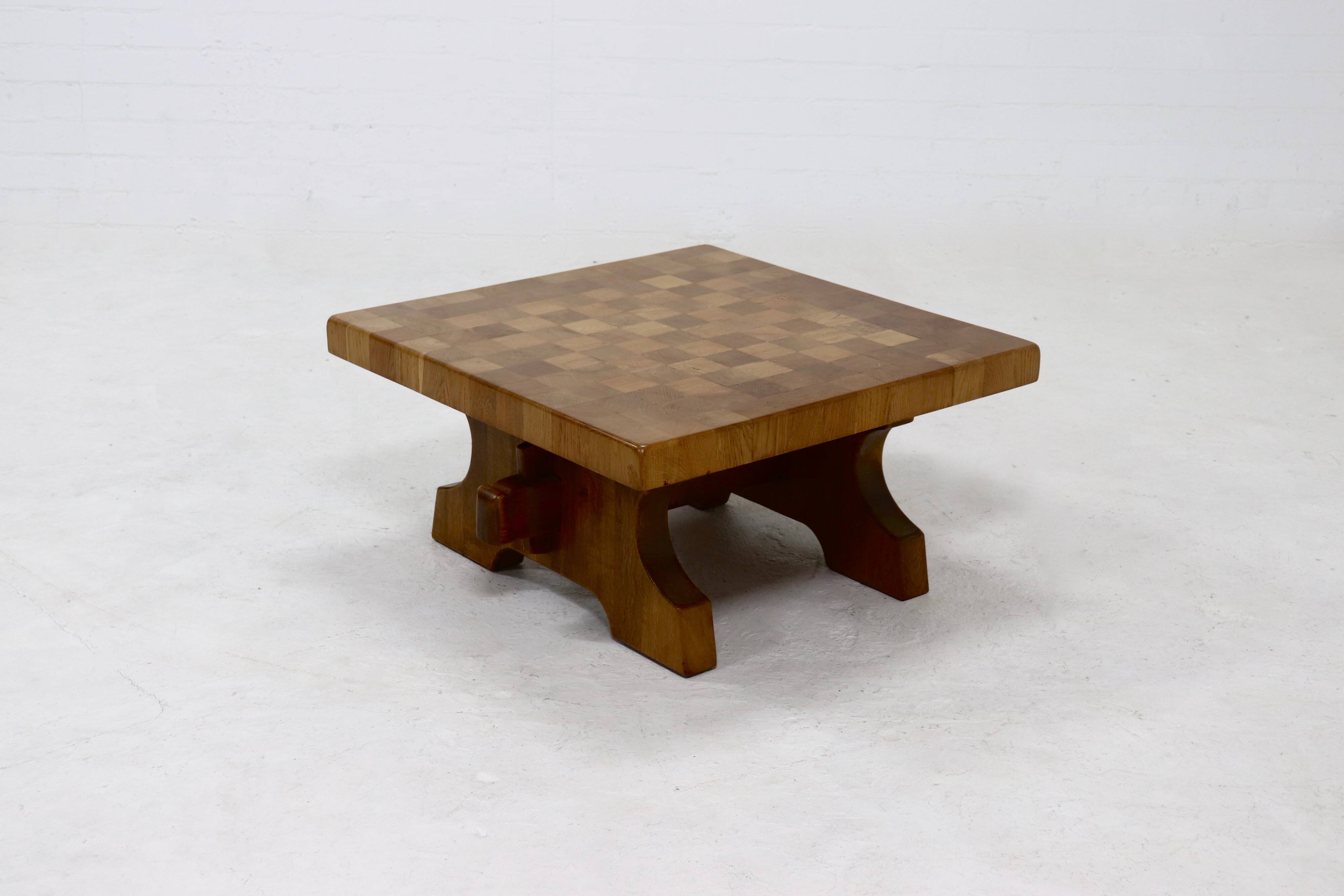Brutalist Solid Blonde Oak Checkered Coffee Table 1970s
