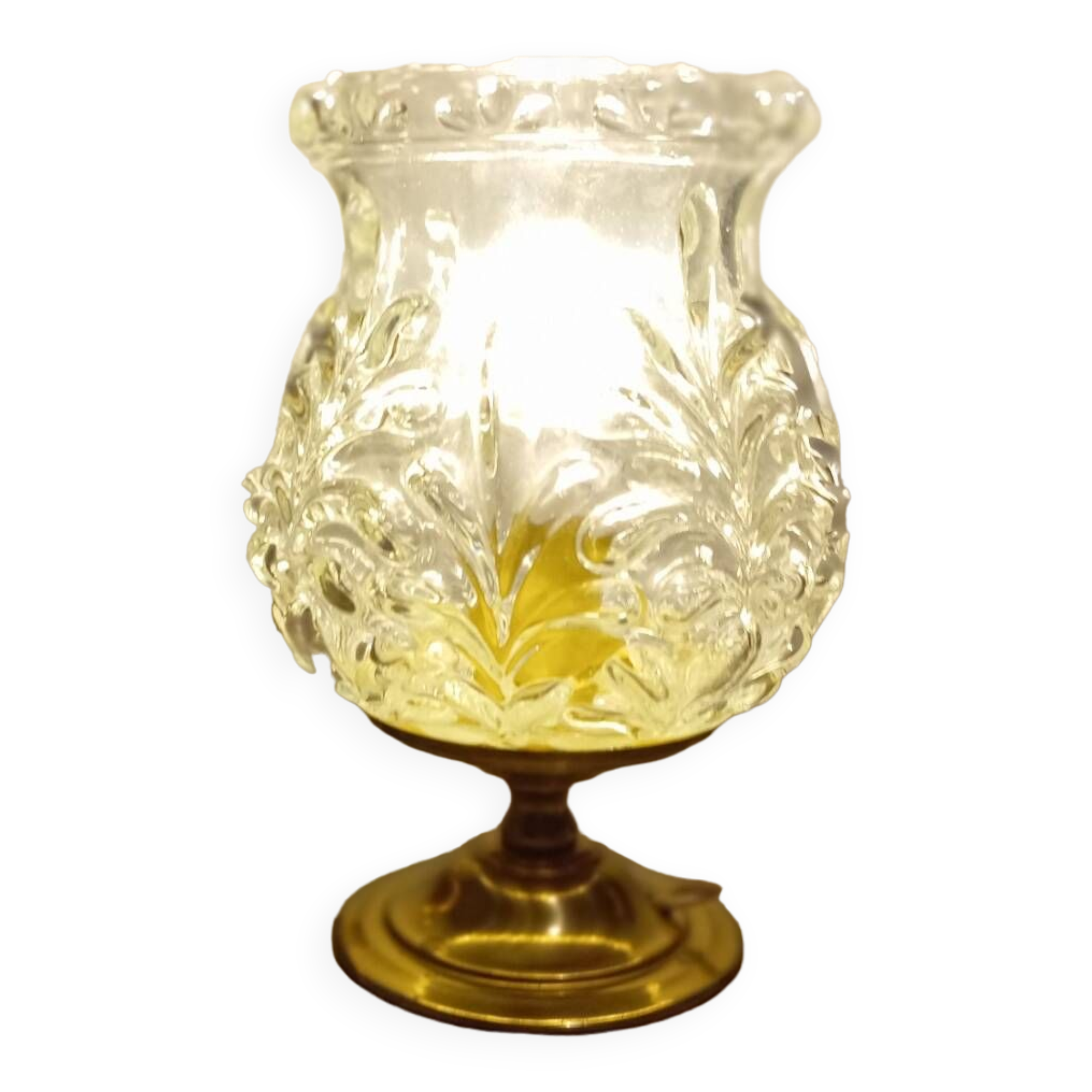 Brass foot table lamp, transparent textured molded globe, art deco style