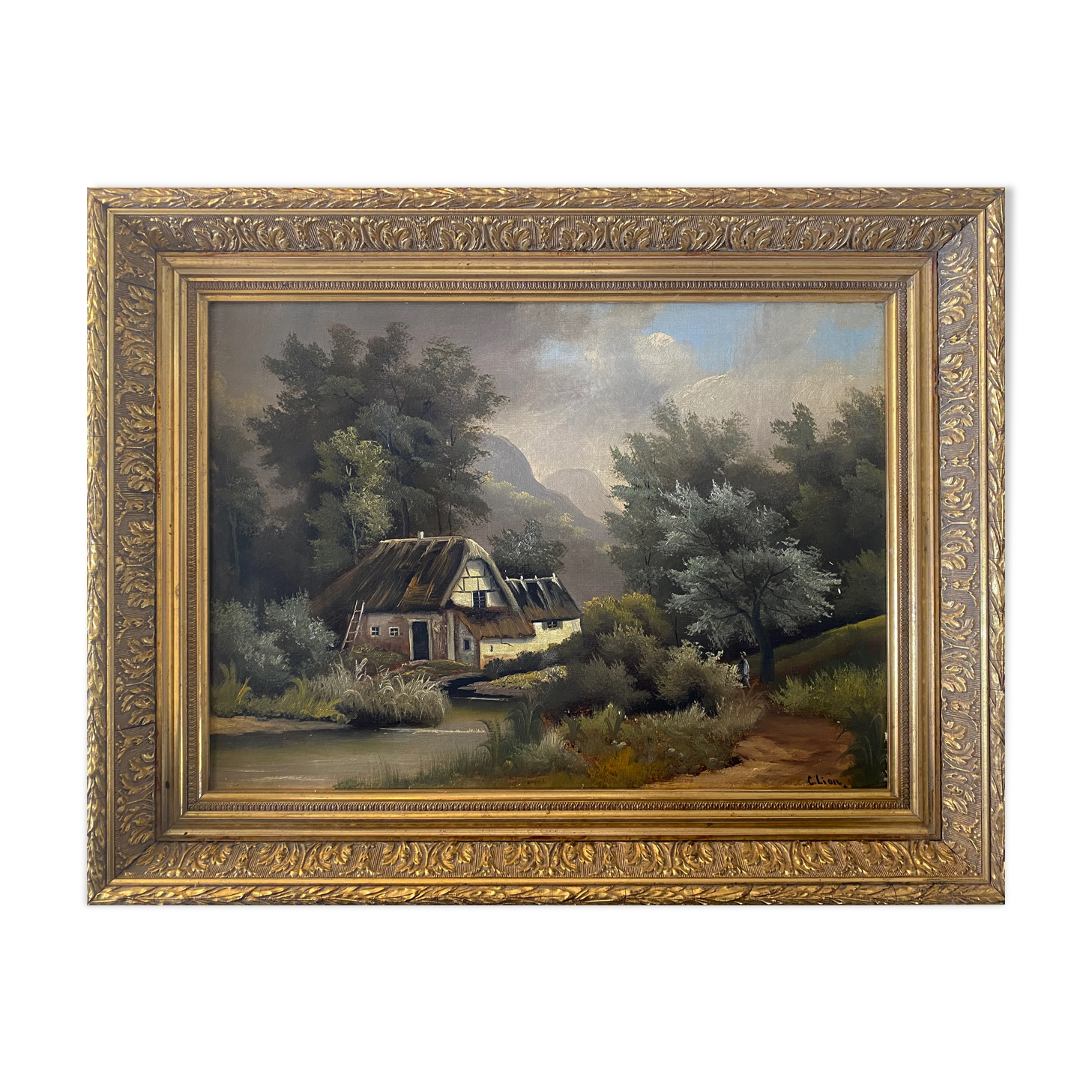 Table HST XIX° "The jewel of nature" Animated landscape Signed C. Lion + frame