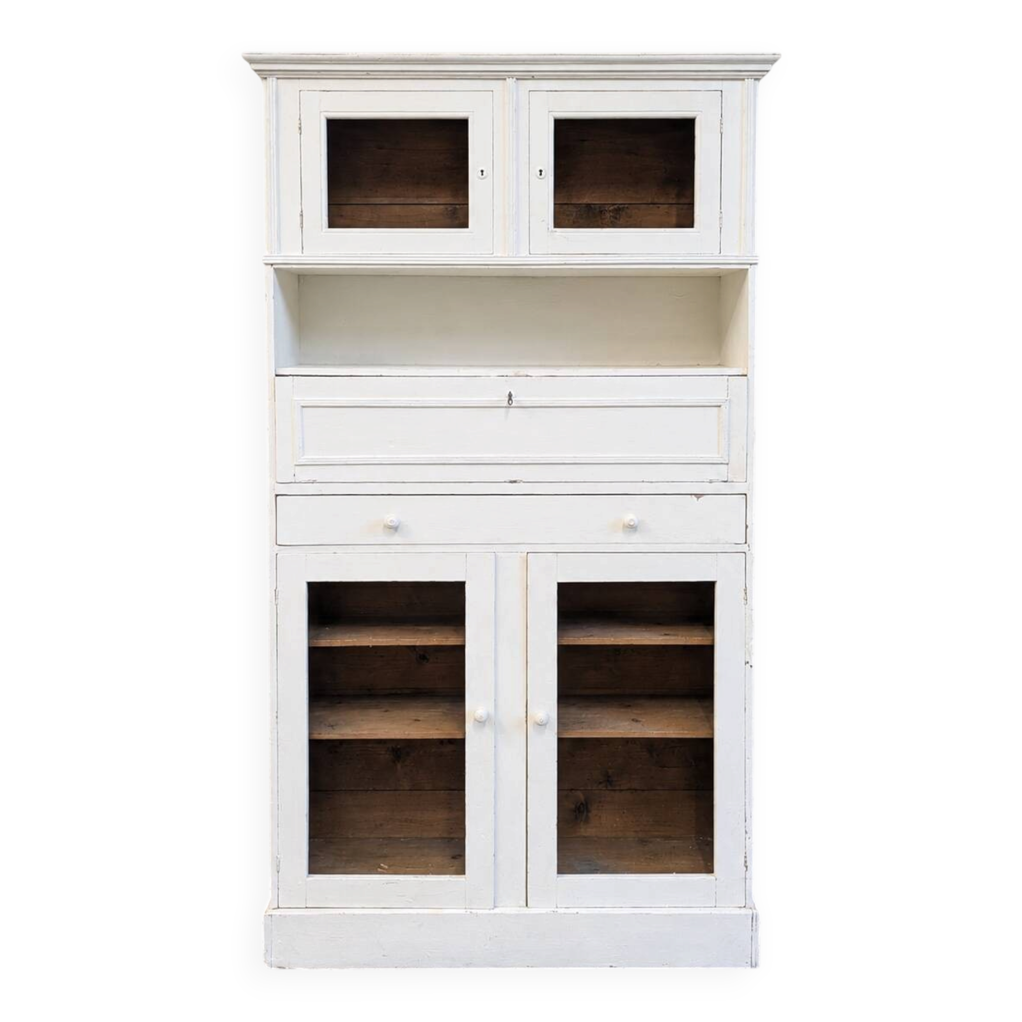 Antique kitchen cupboard / bookshelf, off-white patina