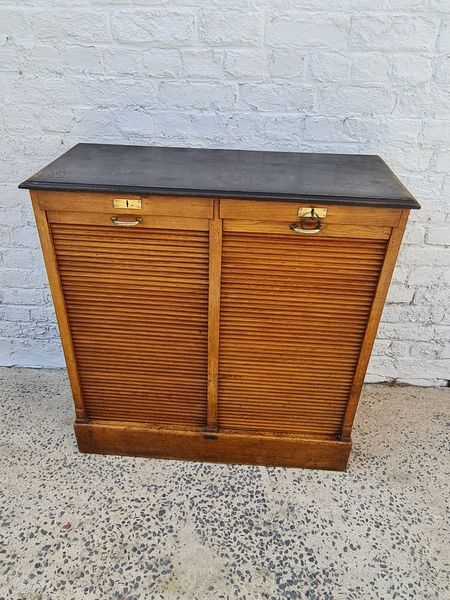Double filing cabinet with oak curtain circa 1930