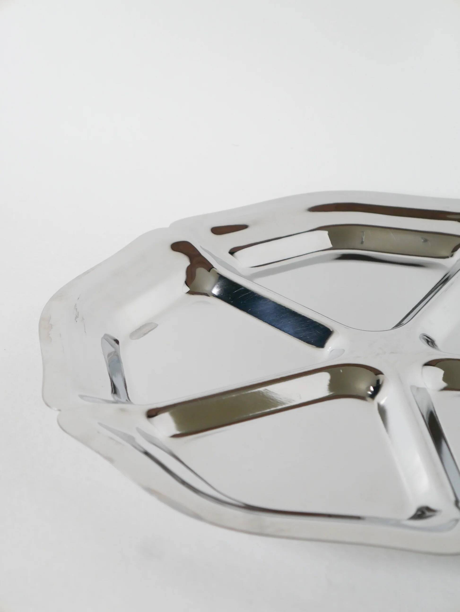 Stainless steel compartment dish, flower shape, 1970 - 33 cm