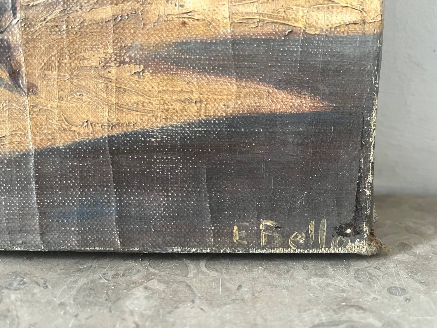 Village in the cliffs, oil on canvas signed E. Bello