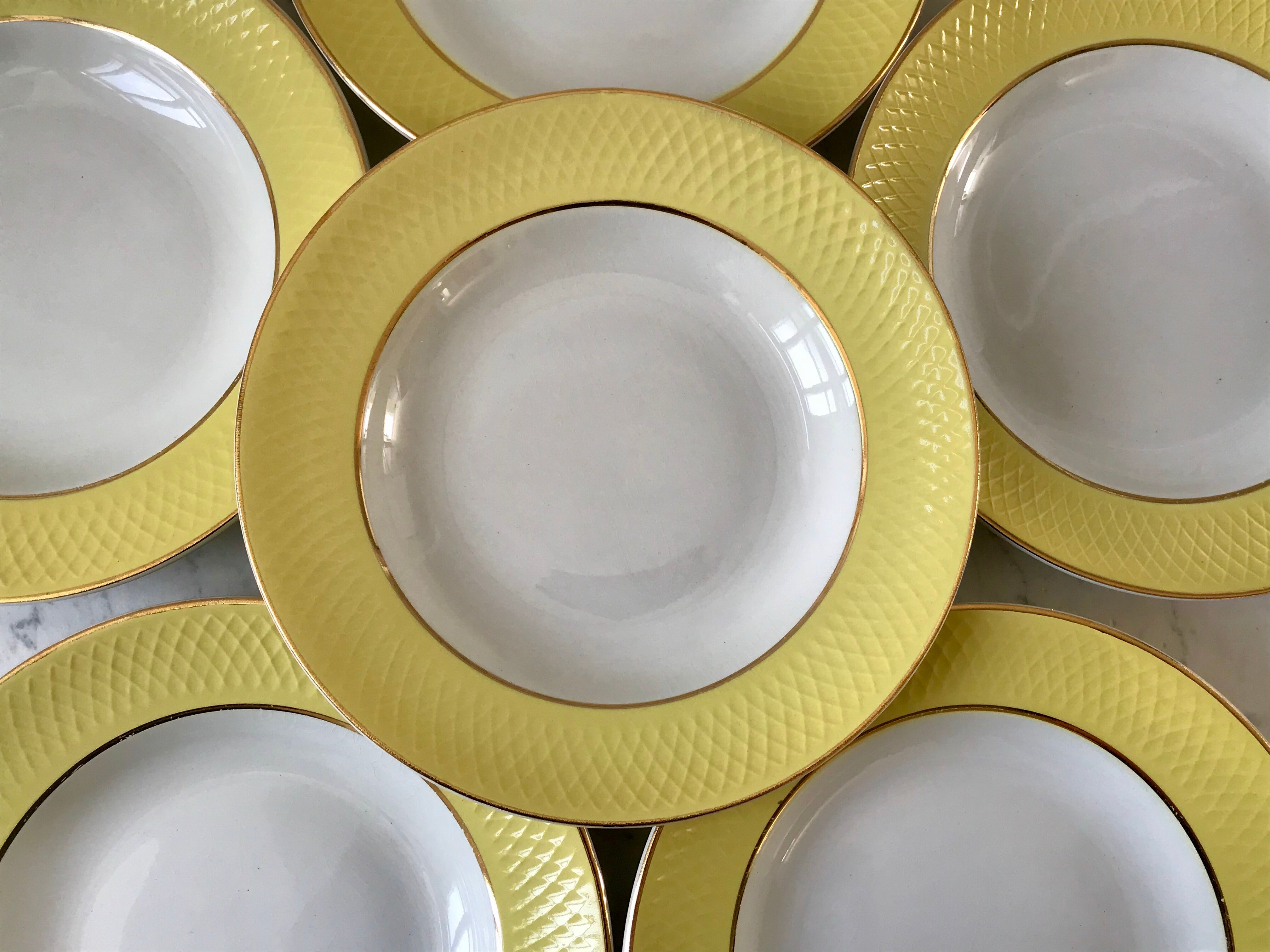 lot of 6 hollow plates Moulin des Loups textured canary yellow 50s
