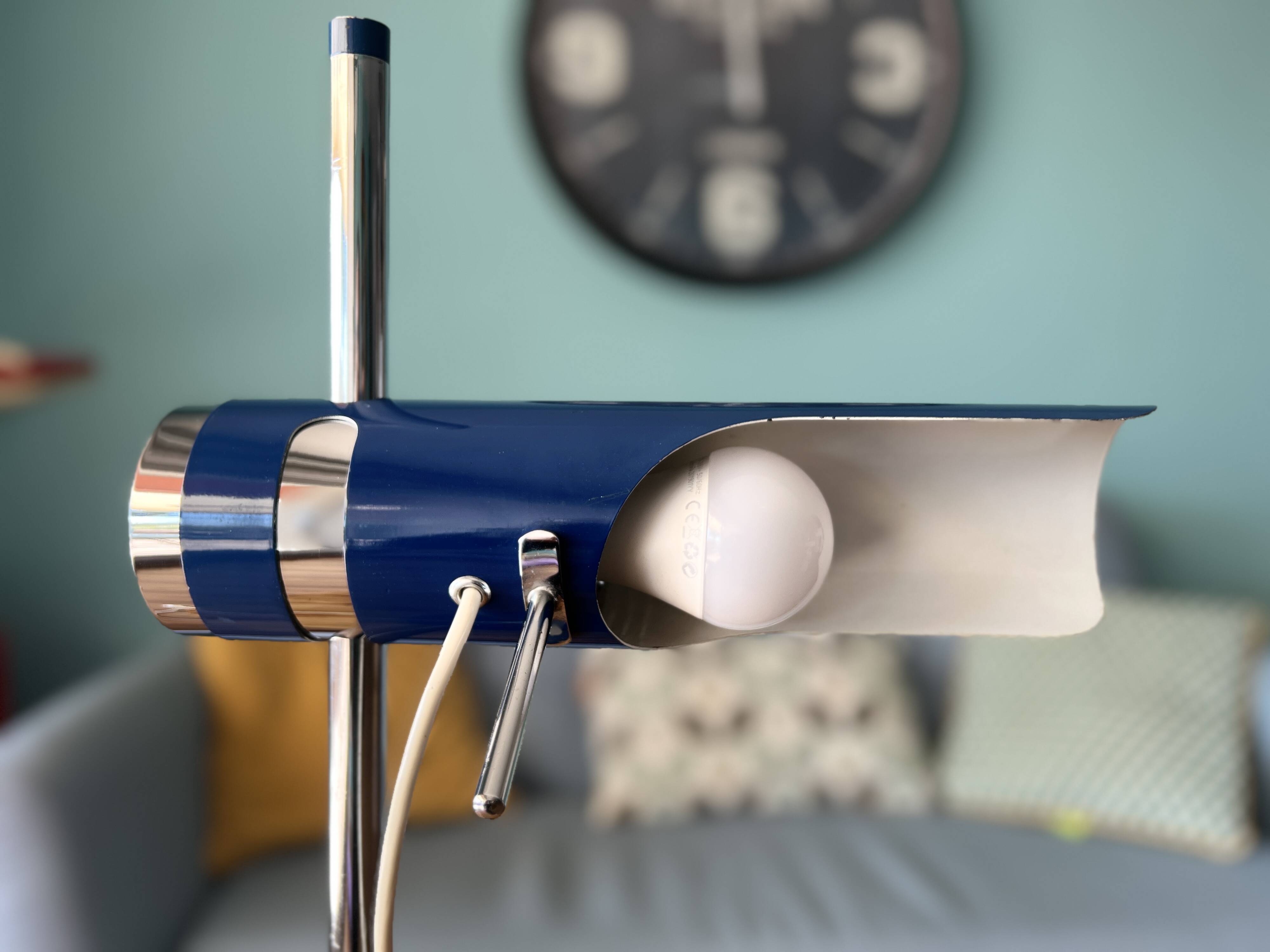 Retro Table Lamp from the 1970s: Articulated Arm, Swivel Shade, Electric Blue Enamel for space age d