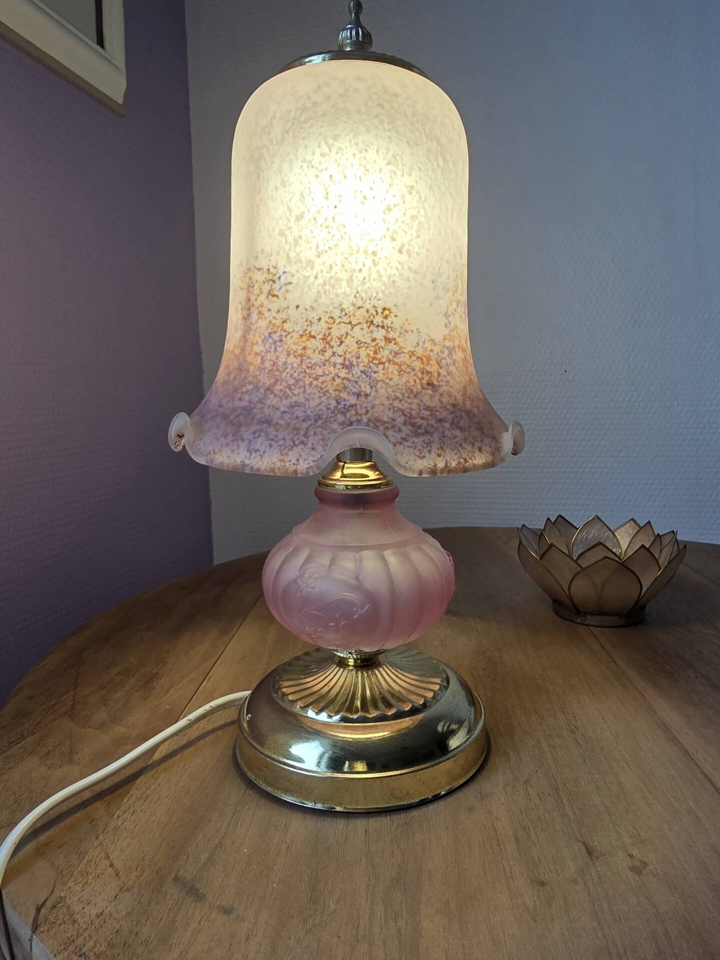 Vintage mushroom lamp pink heart - frosted glass tulip